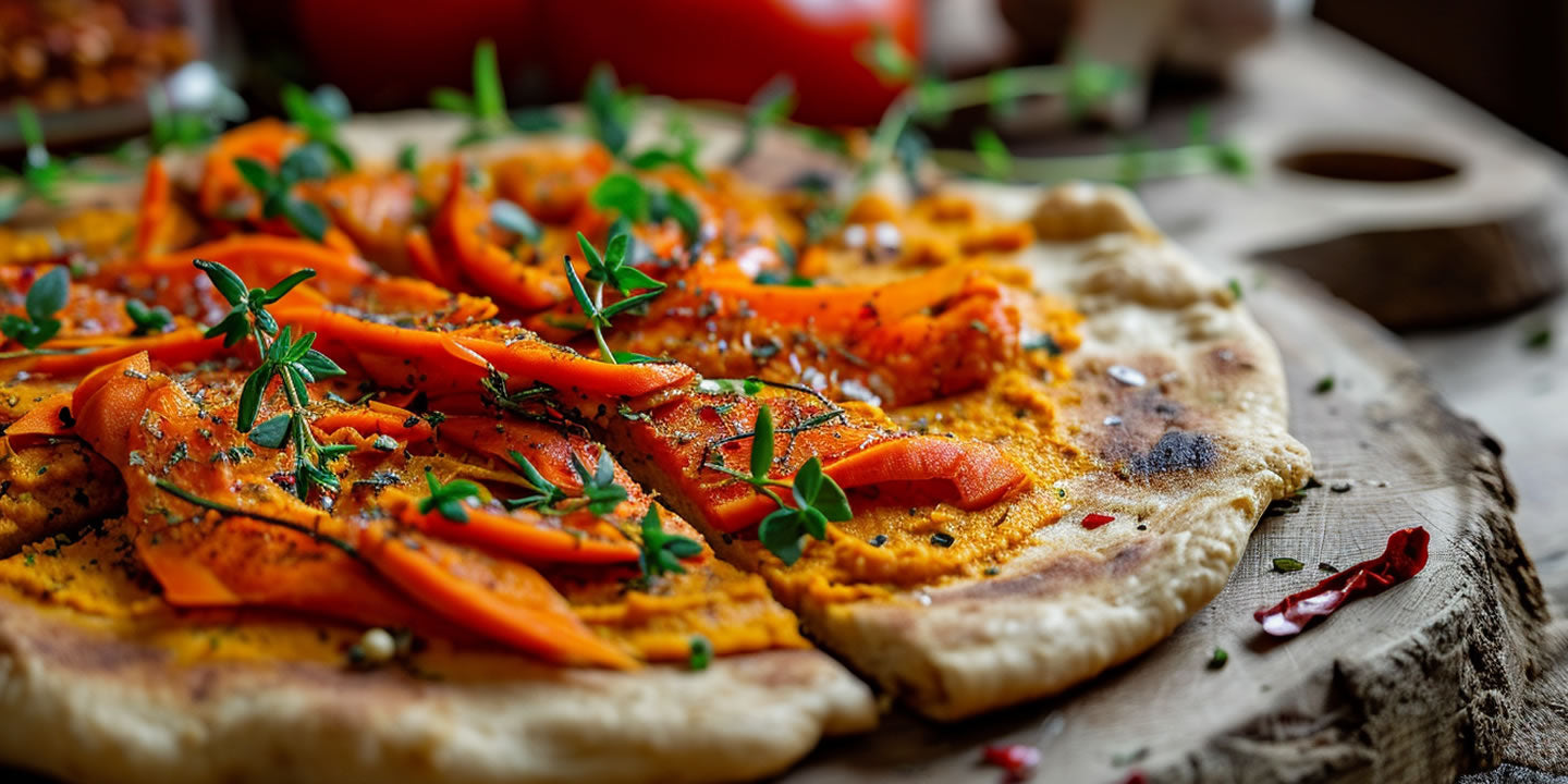 Recipe: Vegan Flatbread with Roasted Carrot and Red Pepper Hummus
